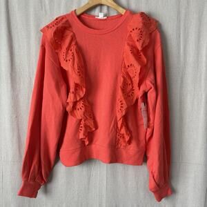 Melrose & Market Boho Vibrant Feminine Eyelet Ruffle Sweatshirt Size S Comfy NWT